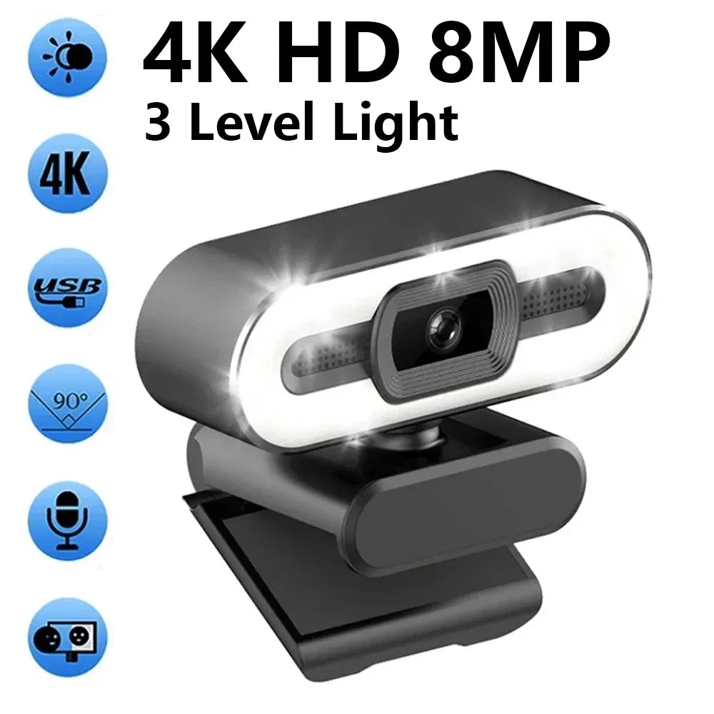 Webcam portátil Full HD 1080P 2K 4K para PC e laptop, com foco automático, ideal para transmissões ao vivo com microfone e iluminação. Transmissão ao vivo flexível e com iluminação integrada.