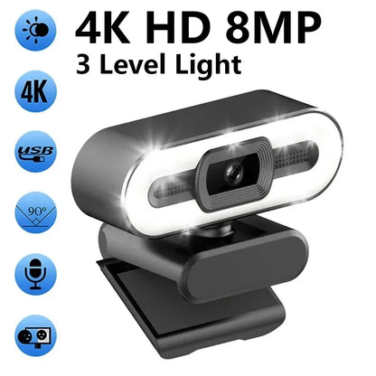 Webcam portátil Full HD 1080P 2K 4K para PC e laptop, com foco automático, ideal para transmissões ao vivo com microfone e iluminação. Transmissão ao vivo flexível e com iluminação integrada.