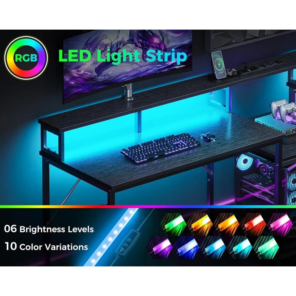 Mesa de jogos com prateleiras de armazenamento, mesa dupla comprida para computador, escritório em casa, com porta de carregamento USB e luzes LED.