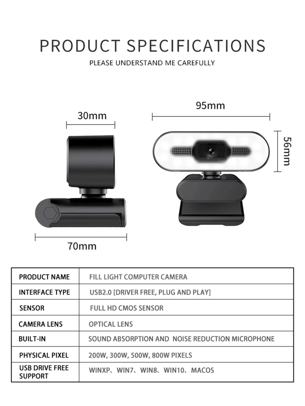 Webcam portátil Full HD 1080P 2K 4K para PC e laptop, com foco automático, ideal para transmissões ao vivo com microfone e iluminação. Transmissão ao vivo flexível e com iluminação integrada.
