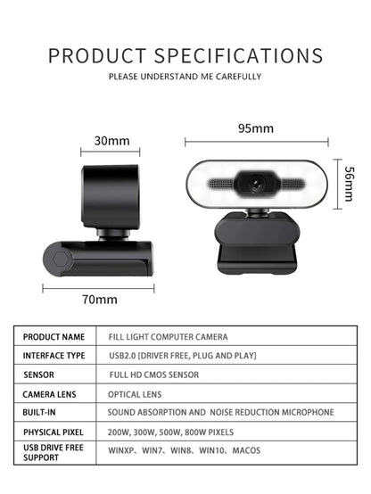 Webcam portátil Full HD 1080P 2K 4K para PC e laptop, com foco automático, ideal para transmissões ao vivo com microfone e iluminação. Transmissão ao vivo flexível e com iluminação integrada.