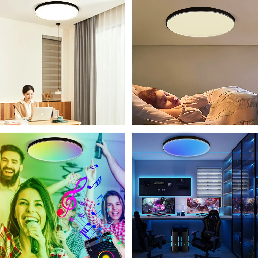 Luminária de teto LED com dimerização remota, brilho inteligente RGB, iluminação Tuya, Bluetooth, decoração de interiores, Alexa, painel de teto LED
