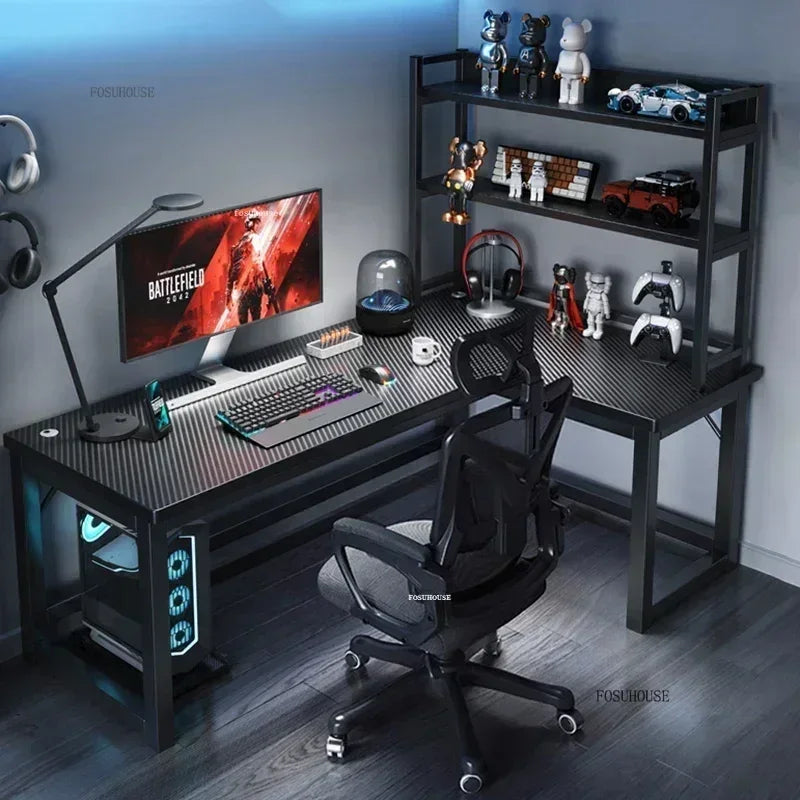Mesas de computador de canto modernas, mesa dupla, mesa para jogos em cibercafé, mesa para casa, estante integrada, móveis de escritório