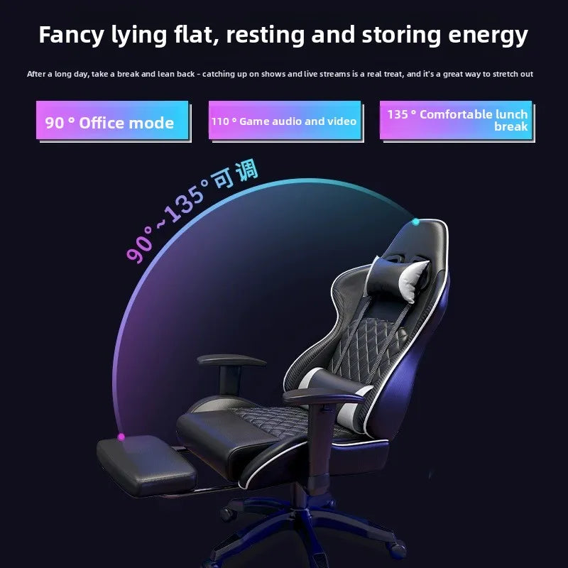 Cadeira de jogos com elevação para quarto, escritório, sala de estudos, almofada para computador, ajustável de 90° a 125°, com apoio para os pés e encosto.