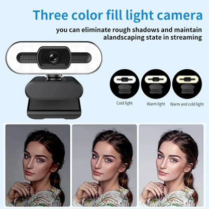 Webcam portátil Full HD 1080P 2K 4K para PC e laptop, com foco automático, ideal para transmissões ao vivo com microfone e iluminação. Transmissão ao vivo flexível e com iluminação integrada.