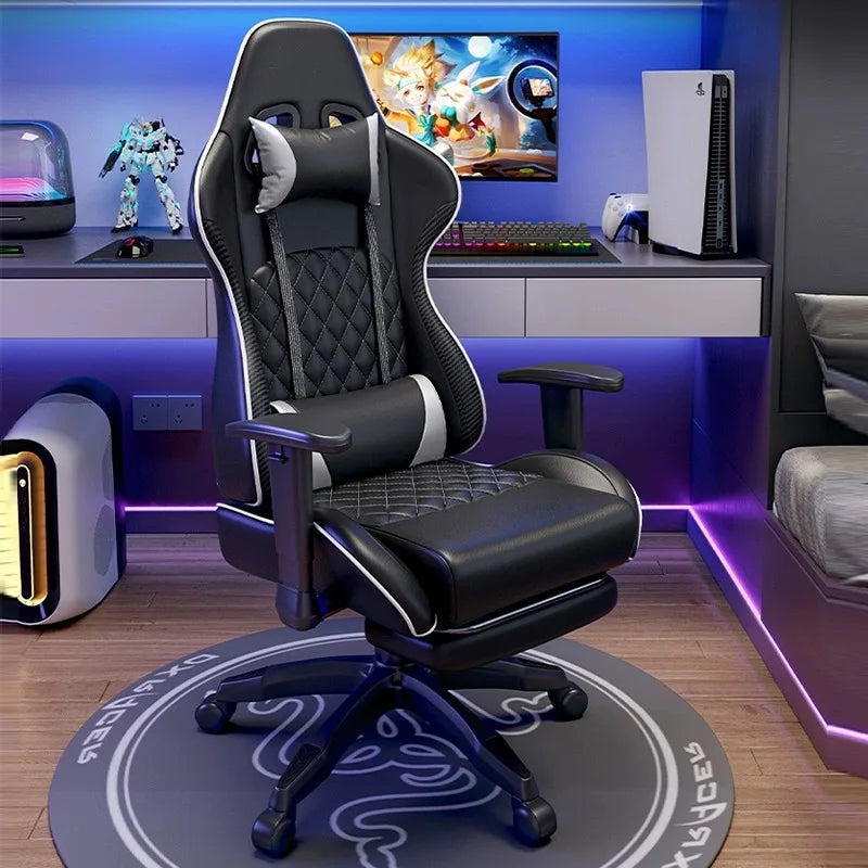 Cadeira de jogos com elevação para quarto, escritório, sala de estudos, almofada para computador, ajustável de 90° a 125°, com apoio para os pés e encosto.