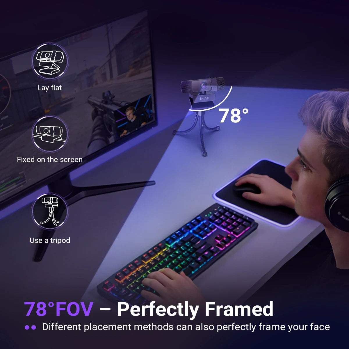 Webcam FIFINE 2K QHD para jogos e transmissões ao vivo, câmera USB Plug & Play para desktop e laptop com foco automático e tampa de privacidade - K436