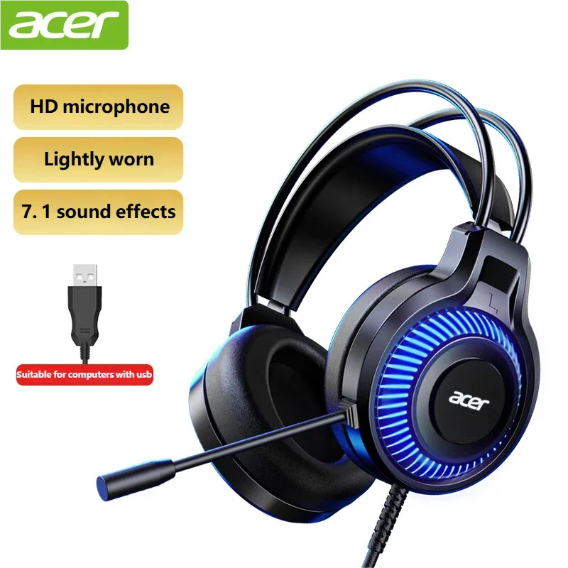 Fones de ouvido Acer Gaming com microfone, som surround virtual estéreo 7.1, luz LED e graves potentes, para jogos de computador (OHW303).