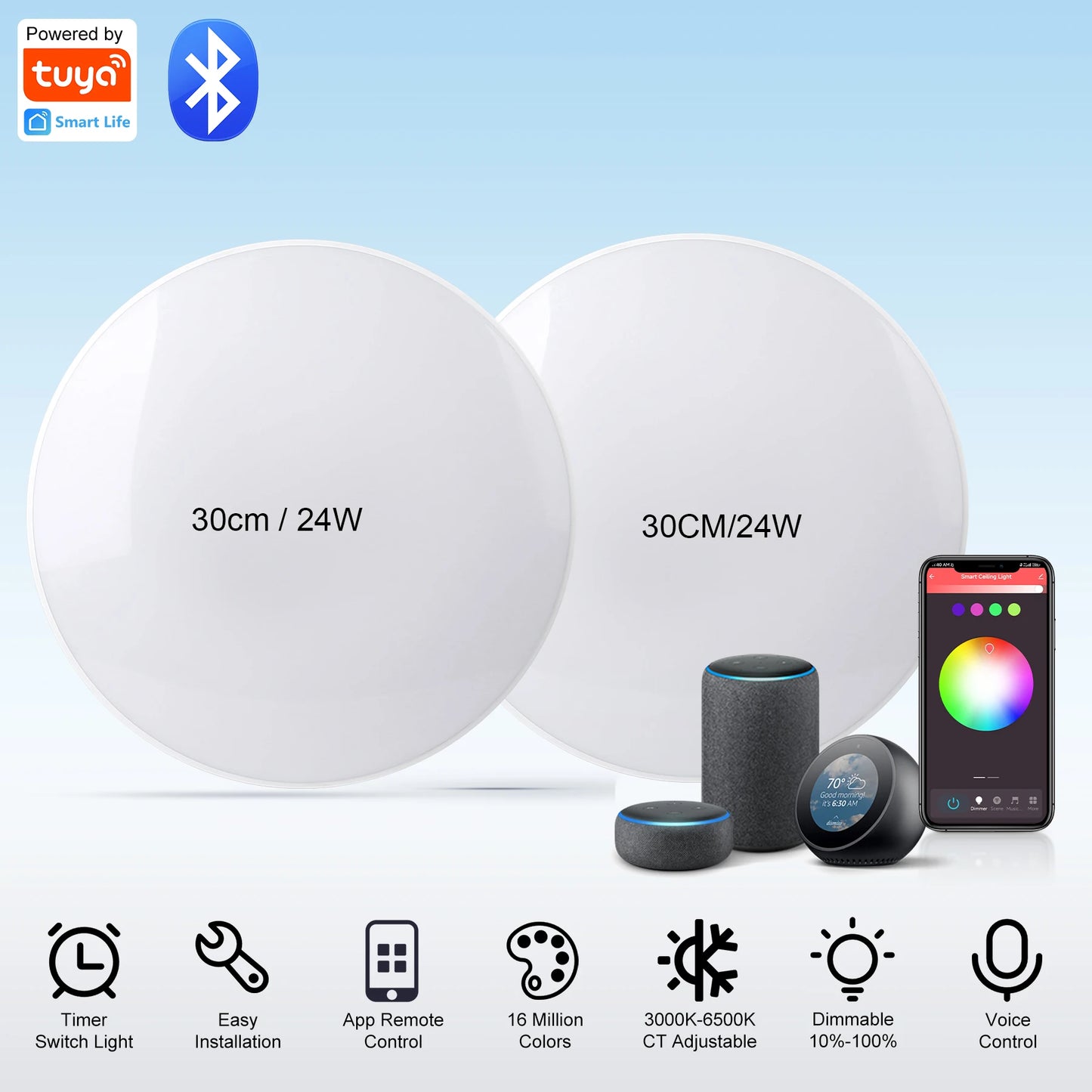 Luminária de teto LED com dimerização remota, brilho inteligente RGB, iluminação Tuya, Bluetooth, decoração de interiores, Alexa, painel de teto LED