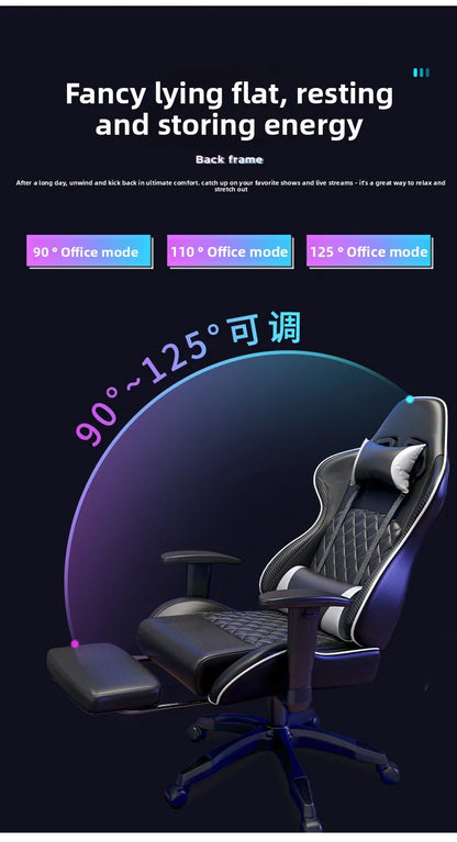 Cadeira de jogos com elevação para quarto, escritório, sala de estudos, almofada para computador, ajustável de 90° a 125°, com apoio para os pés e encosto.