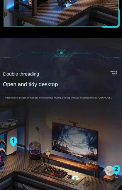 Mesas de computador de canto modernas, mesa dupla, mesa para jogos em cibercafé, mesa para casa, estante integrada, móveis de escritório