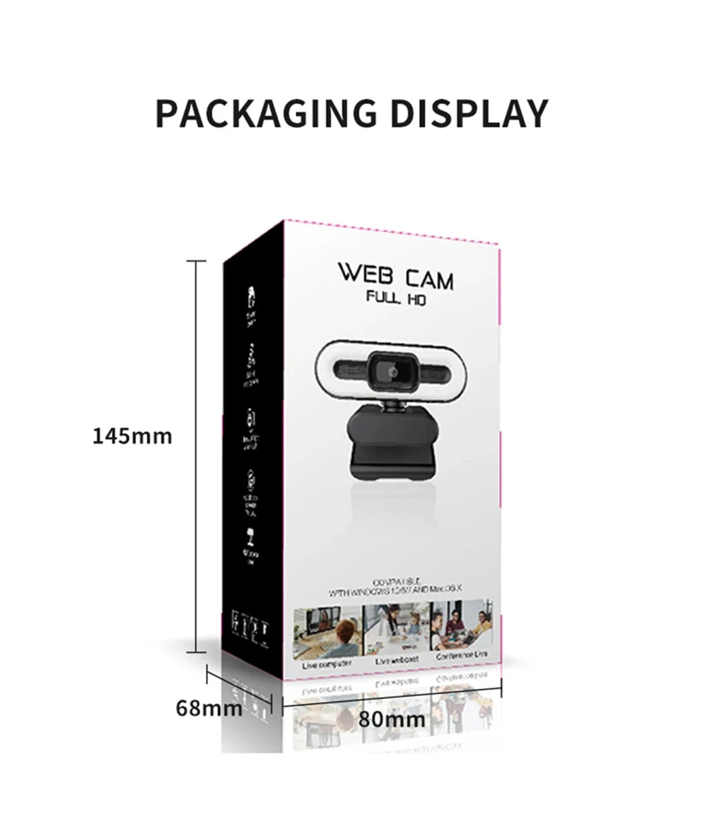 Webcam portátil Full HD 1080P 2K 4K para PC e laptop, com foco automático, ideal para transmissões ao vivo com microfone e iluminação. Transmissão ao vivo flexível e com iluminação integrada.