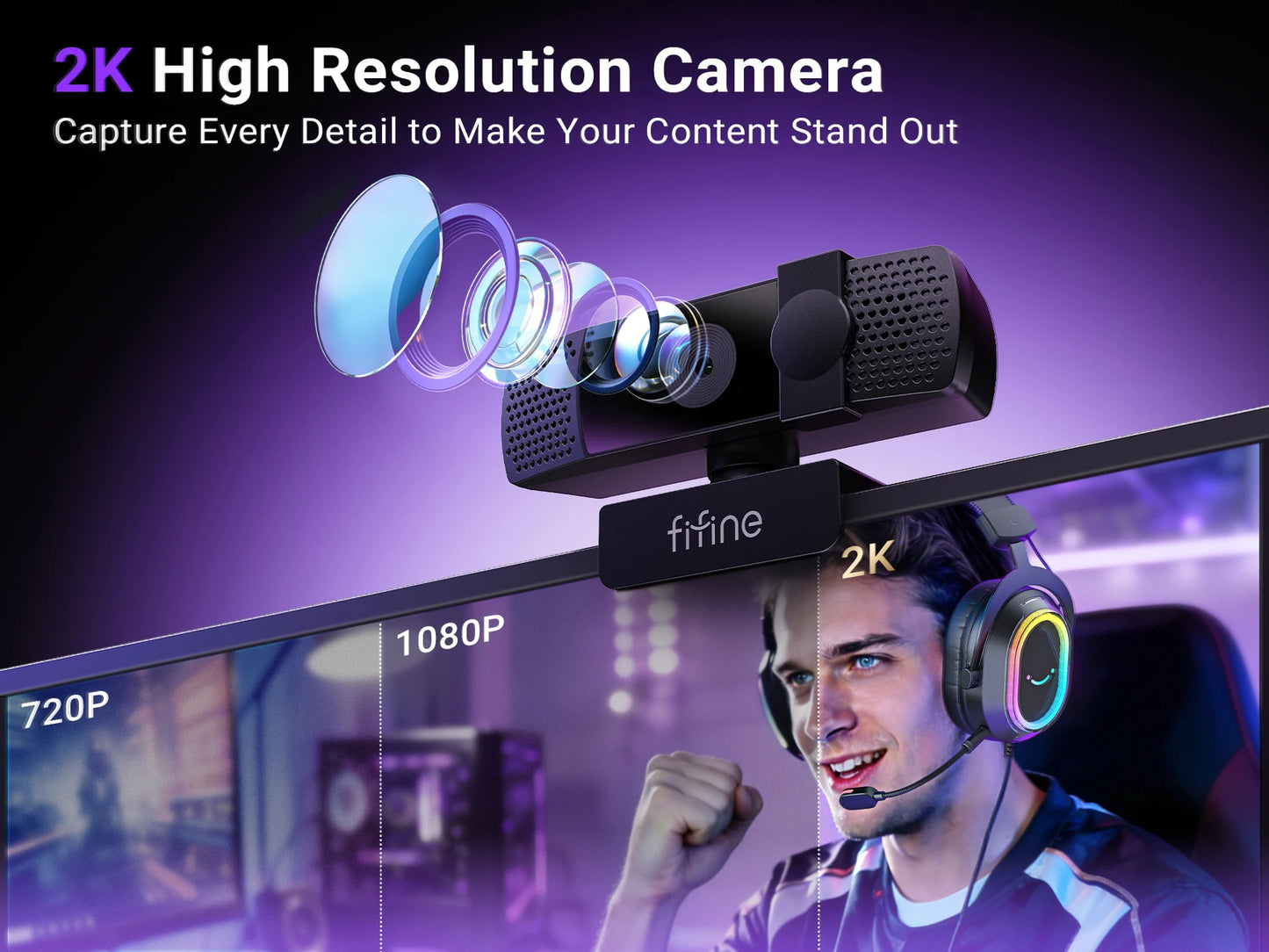 Webcam FIFINE 2K QHD para jogos e transmissões ao vivo, câmera USB Plug & Play para desktop e laptop com foco automático e tampa de privacidade - K436