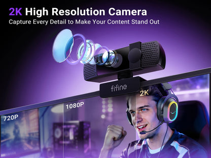 Webcam FIFINE 2K QHD para jogos e transmissões ao vivo, câmera USB Plug & Play para desktop e laptop com foco automático e tampa de privacidade - K436
