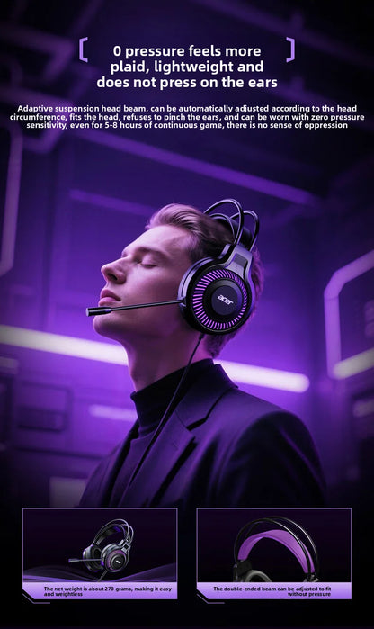 Fones de ouvido Acer Gaming com microfone, som surround virtual estéreo 7.1, luz LED e graves potentes, para jogos de computador (OHW303).