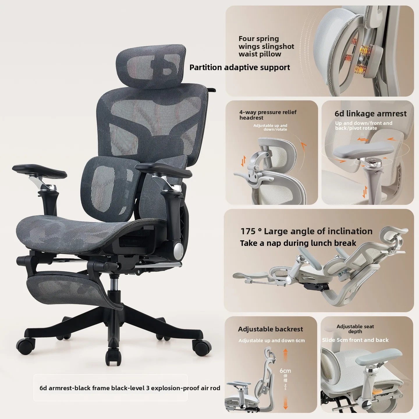 Cadeira Ergonômica de Esports com Elevação, Apoio de Braço 6D, Suporte Lombar, para Computador, Uso Doméstico, Escritório e Uso no Quarto.
