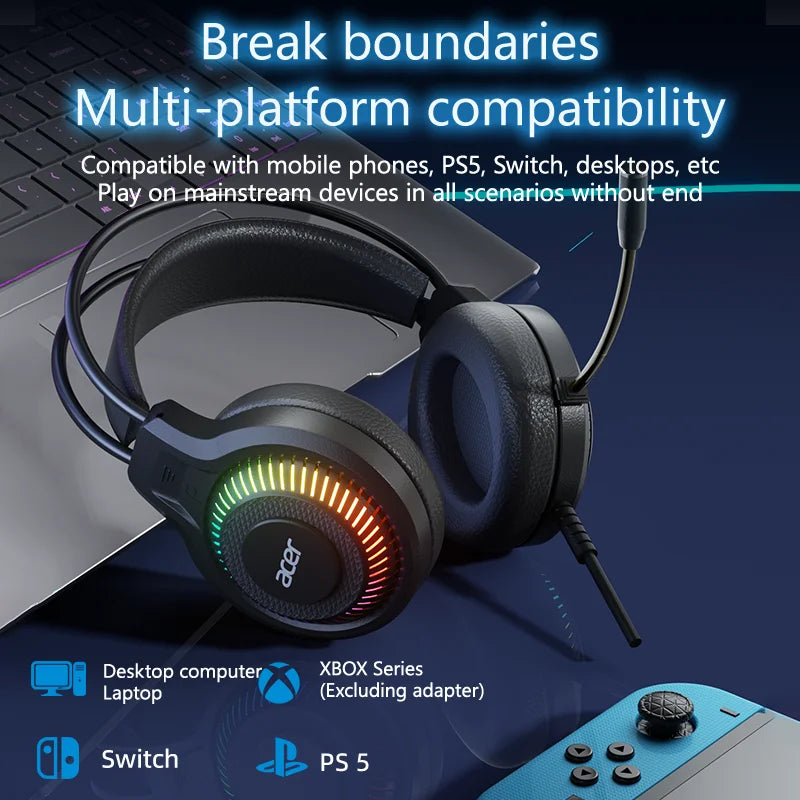 Fones de ouvido Acer Gaming com microfone, som surround virtual estéreo 7.1, luz LED e graves potentes, para jogos de computador (OHW303).