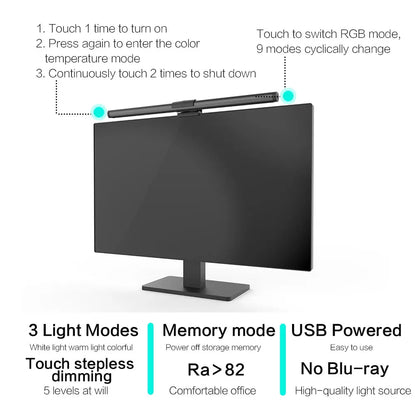 Monitor Light Bar LED Computer Screen Hanging Lights RGB Atmosphere Table Lamp for Work Study Read Gaming Stepless Dimmable