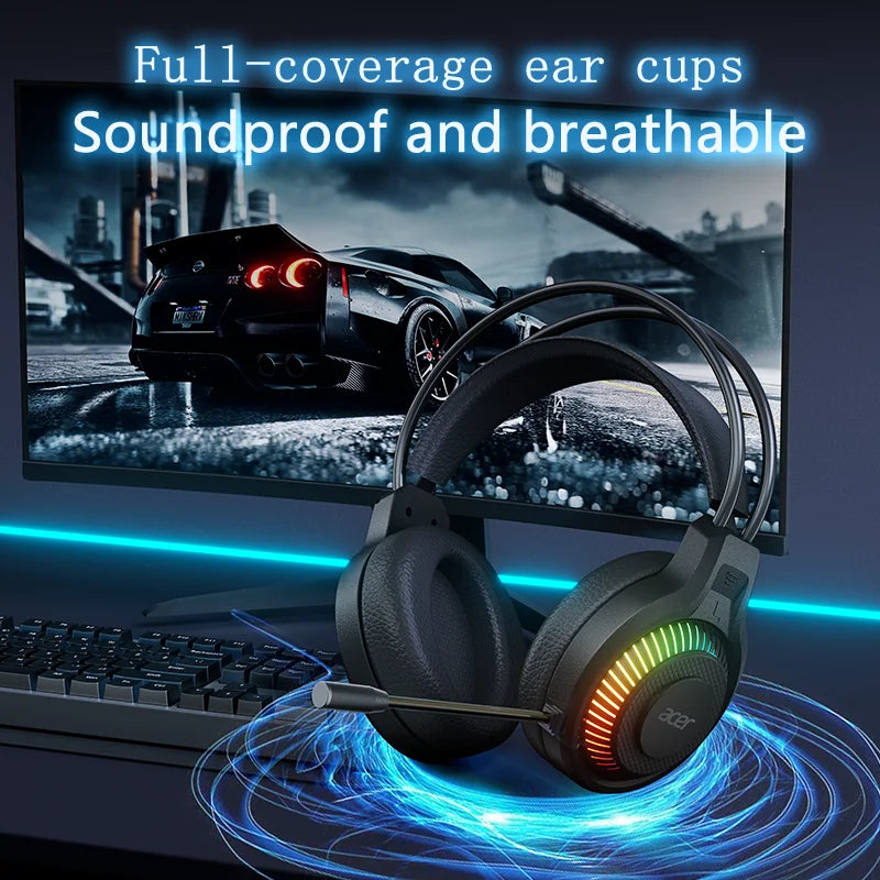 Fones de ouvido Acer Gaming com microfone, som surround virtual estéreo 7.1, luz LED e graves potentes, para jogos de computador (OHW303).