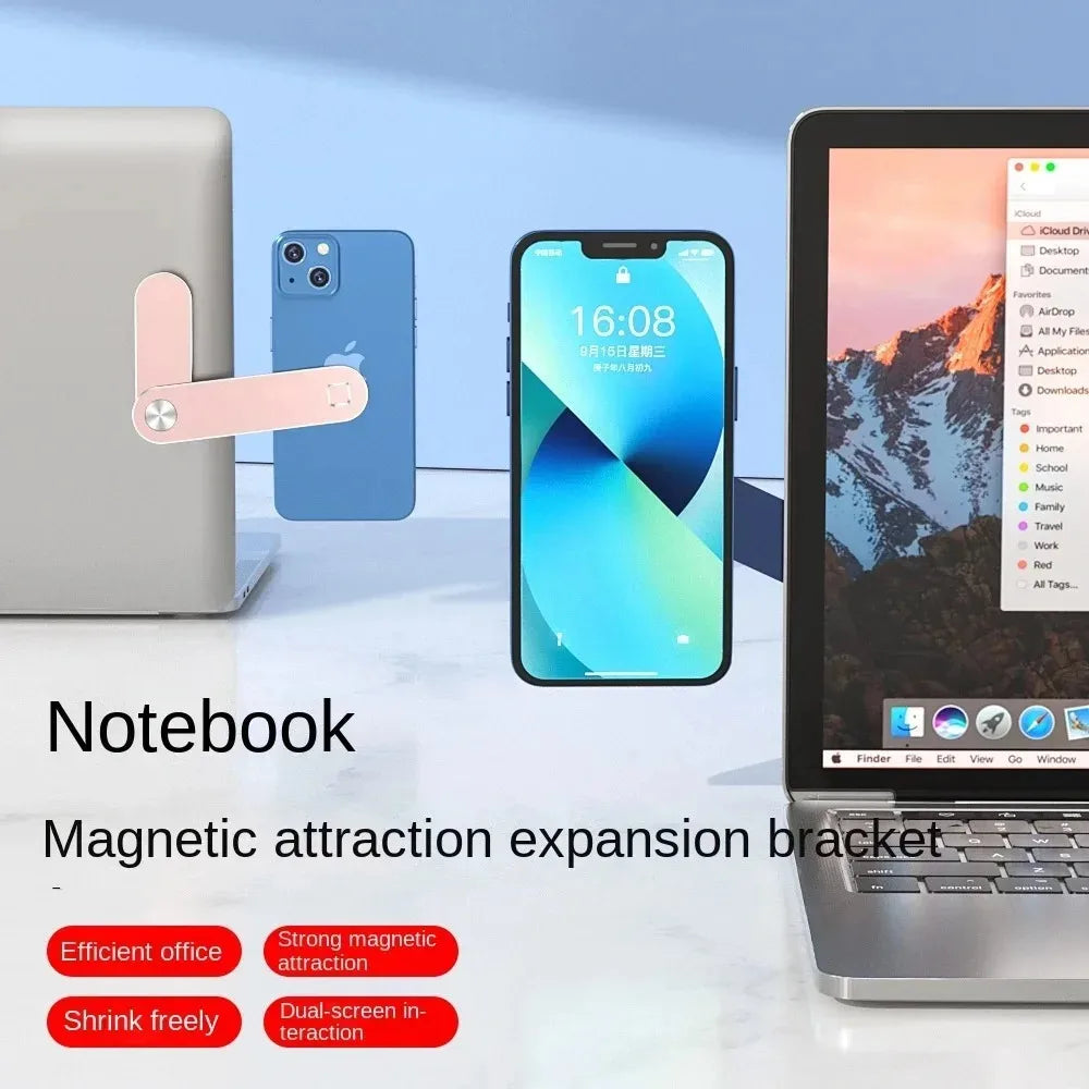 Suporte magnético portátil em liga de alumínio para celular com extensão metálica para tela lateral de laptop.