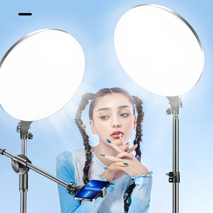 Painel de luz LED circular de 10 polegadas para estúdio fotográfico e vídeo, com controle remoto e compatível com tripé para transmissão ao vivo.
