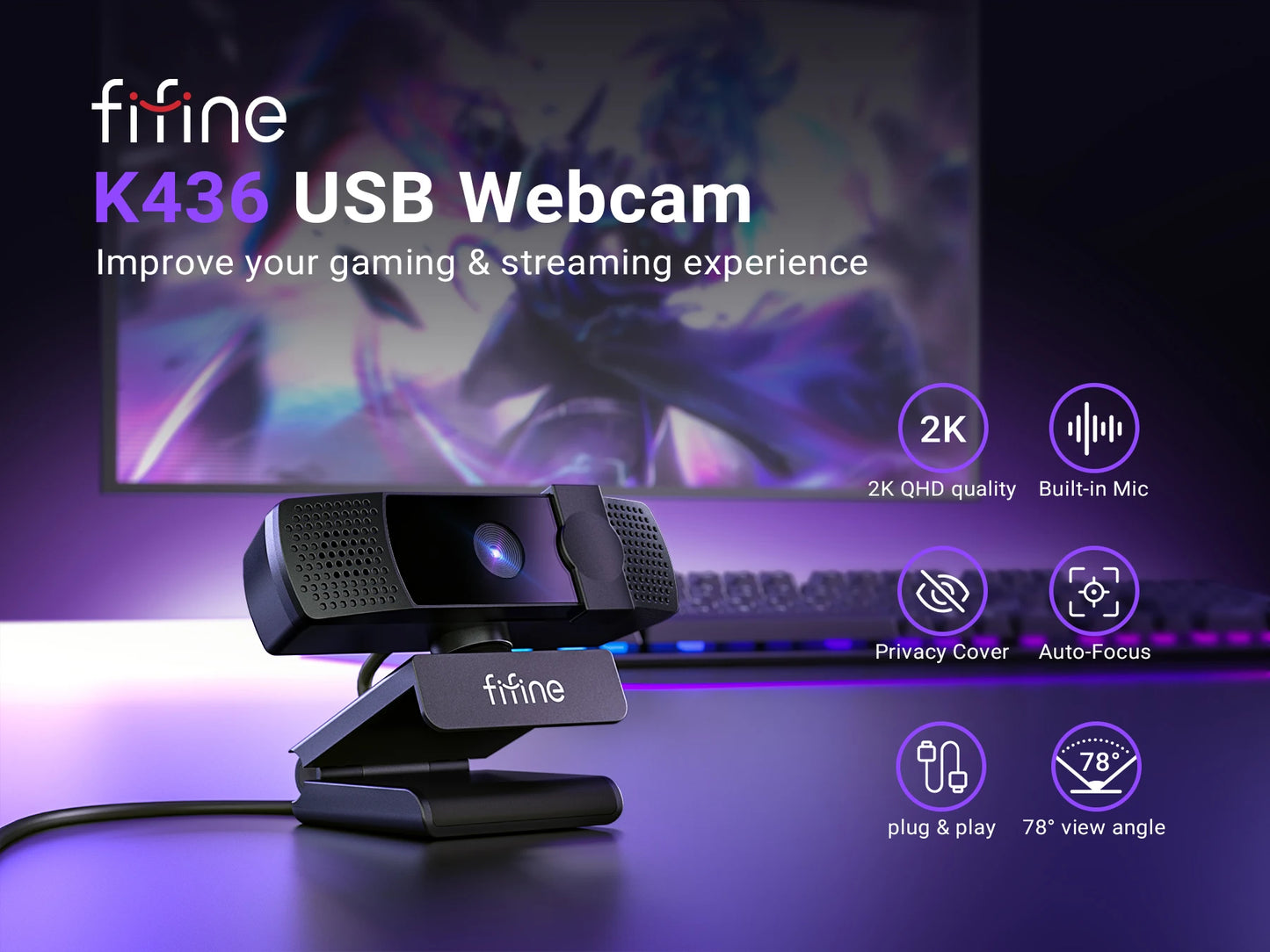 Webcam FIFINE 2K QHD para jogos e transmissões ao vivo, câmera USB Plug & Play para desktop e laptop com foco automático e tampa de privacidade - K436