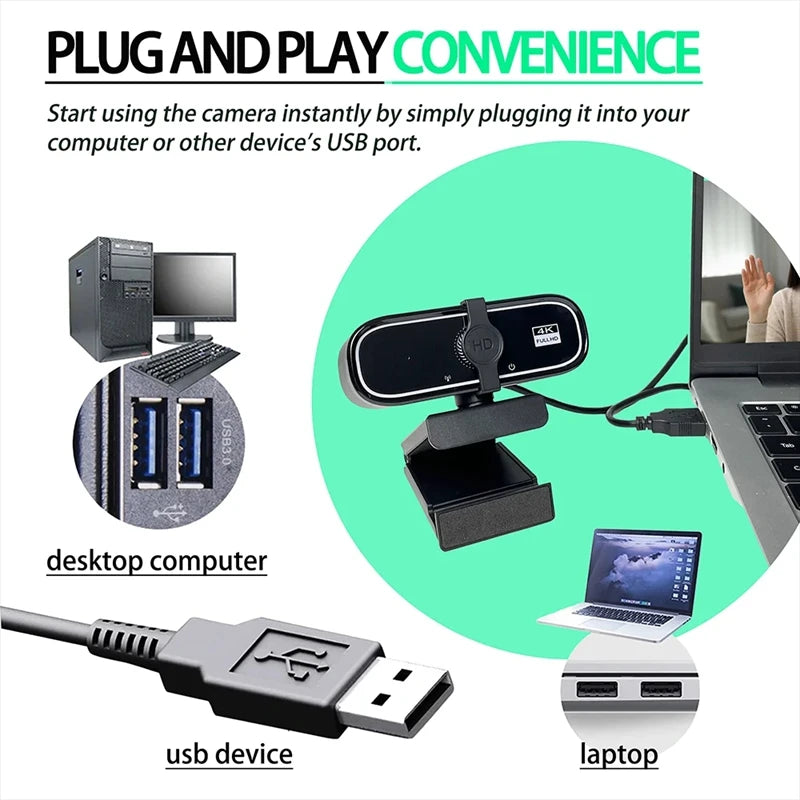 Mini Webcam 4K HD com Microfone, Webcam 2K Full HD, 30fps, Foco Automático, USB, para PC, Laptop e Gravação de Vídeo.