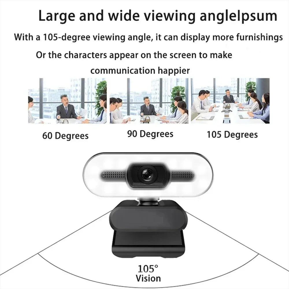 Webcam portátil Full HD 1080P 2K 4K para PC e laptop, com foco automático, ideal para transmissões ao vivo com microfone e iluminação. Transmissão ao vivo flexível e com iluminação integrada.