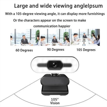 Webcam portátil Full HD 1080P 2K 4K para PC e laptop, com foco automático, ideal para transmissões ao vivo com microfone e iluminação. Transmissão ao vivo flexível e com iluminação integrada.