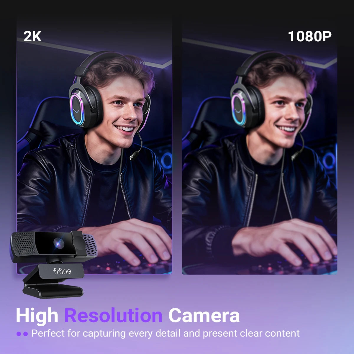 Webcam FIFINE 2K QHD para jogos e transmissões ao vivo, câmera USB Plug & Play para desktop e laptop com foco automático e tampa de privacidade - K436