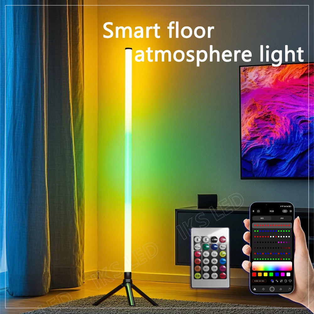 Luminária de chão LED RGB de 120 cm, moderna, para cantos, com design aconchegante, ideal para decoração de interiores. Controle remoto inteligente por aplicativo.