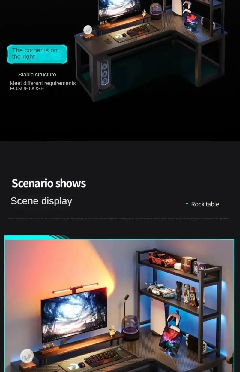 Mesas de computador de canto modernas, mesa dupla, mesa para jogos em cibercafé, mesa para casa, estante integrada, móveis de escritório