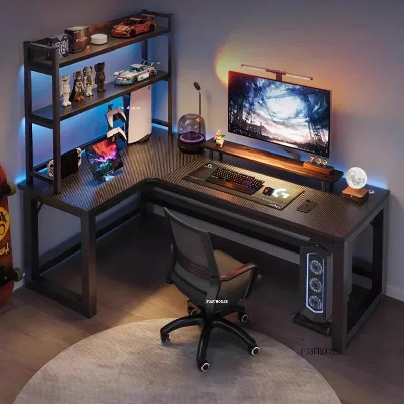 Mesas de computador de canto modernas, mesa dupla, mesa para jogos em cibercafé, mesa para casa, estante integrada, móveis de escritório