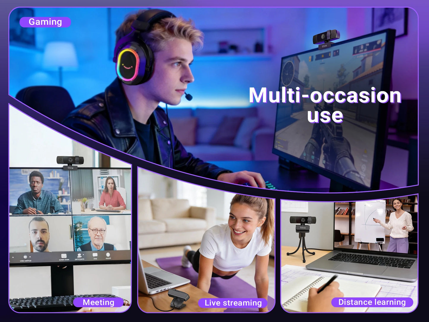 Webcam FIFINE 2K QHD para jogos e transmissões ao vivo, câmera USB Plug & Play para desktop e laptop com foco automático e tampa de privacidade - K436