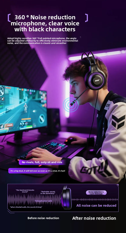 Fones de ouvido Acer Gaming com microfone, som surround virtual estéreo 7.1, luz LED e graves potentes, para jogos de computador (OHW303).