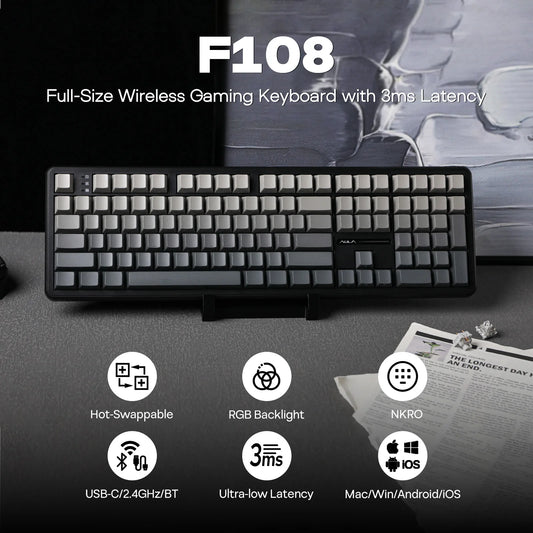 EPOMAKER x AULA F108 Full Size 100% ANSI Layout Hot-Swap Wired/2.4GHz/Bluetooth 5.0 Wireless Mechanical Keyboard RGB Backlight