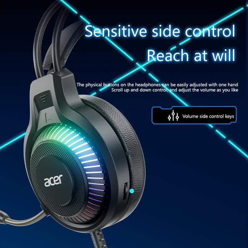 Fones de ouvido Acer Gaming com microfone, som surround virtual estéreo 7.1, luz LED e graves potentes, para jogos de computador (OHW303).