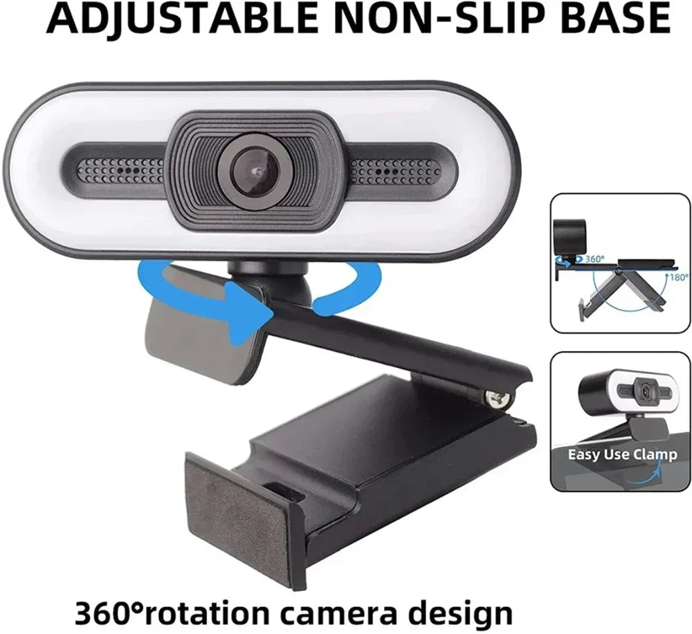Webcam portátil Full HD 1080P 2K 4K para PC e laptop, com foco automático, ideal para transmissões ao vivo com microfone e iluminação. Transmissão ao vivo flexível e com iluminação integrada.