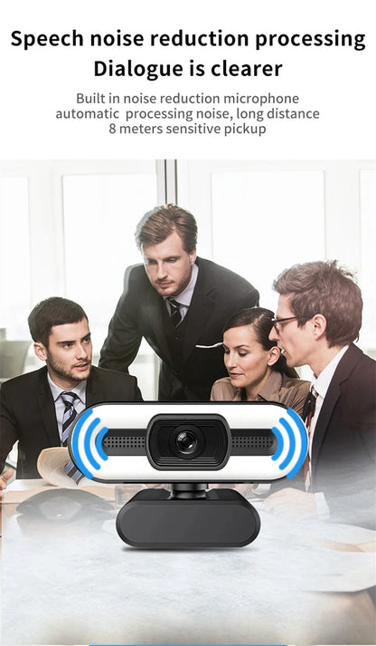 Webcam portátil Full HD 1080P 2K 4K para PC e laptop, com foco automático, ideal para transmissões ao vivo com microfone e iluminação. Transmissão ao vivo flexível e com iluminação integrada.