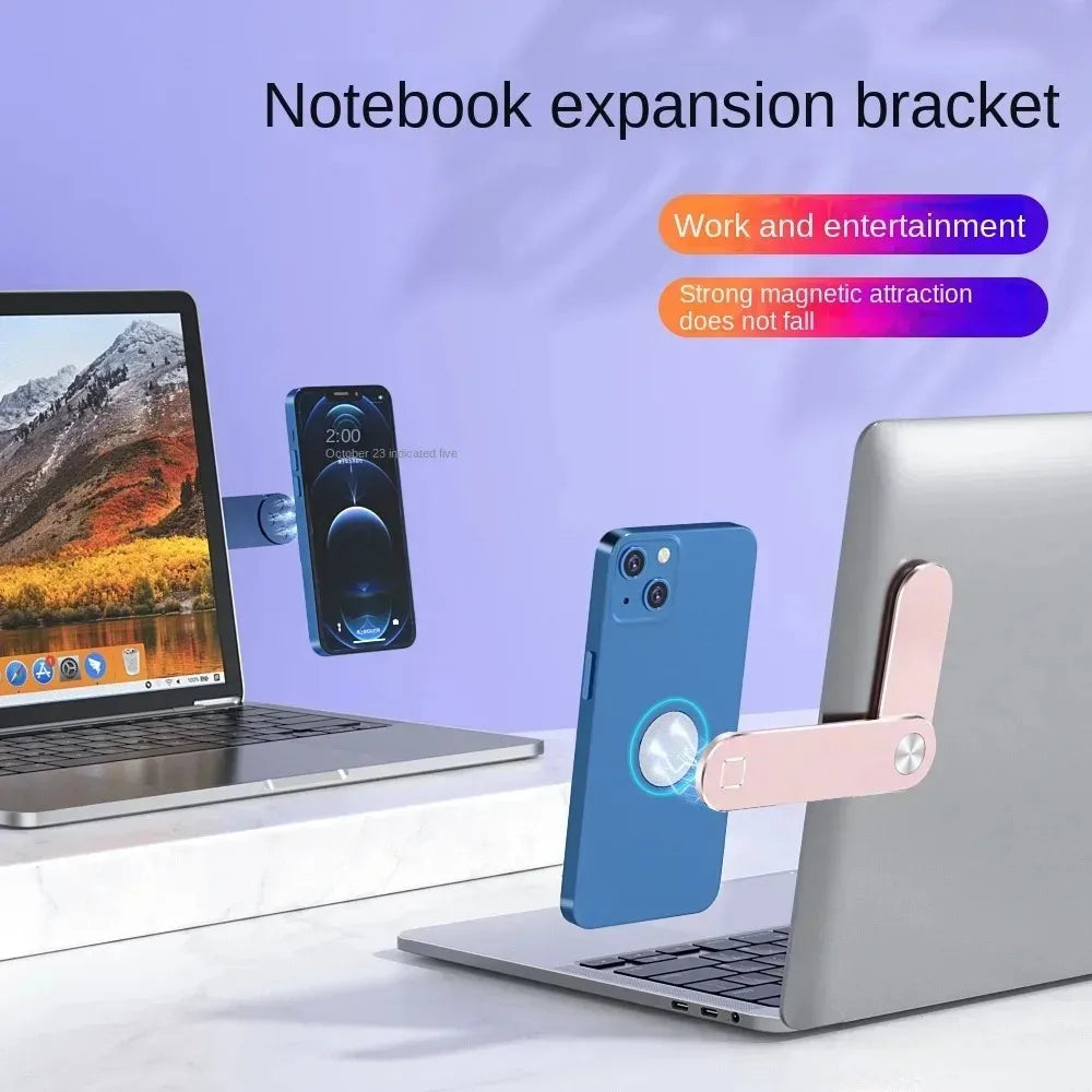 Suporte magnético portátil em liga de alumínio para celular com extensão metálica para tela lateral de laptop.