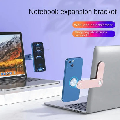Suporte magnético portátil em liga de alumínio para celular com extensão metálica para tela lateral de laptop.