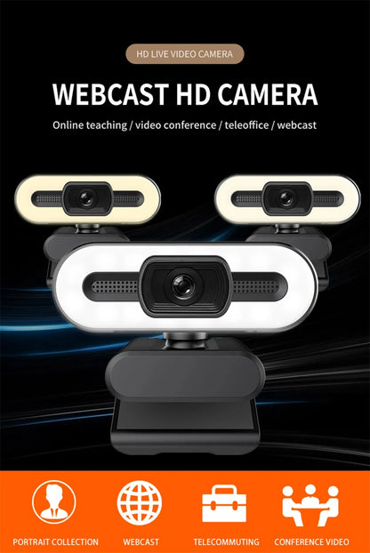 Webcam portátil Full HD 1080P 2K 4K para PC e laptop, com foco automático, ideal para transmissões ao vivo com microfone e iluminação. Transmissão ao vivo flexível e com iluminação integrada.